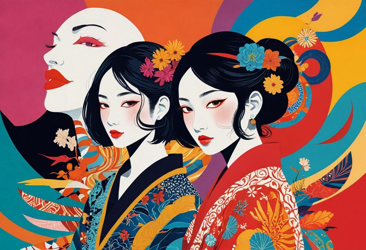 A conceptual collage blending traditional art references with modern adult themes, featuring abstract illustrations of adult characters against a backdrop of cultural taboos. Incorporate subtle hints of Japanese aesthetics and playfulness, with a focus on colorful, exaggerated expressions to embody the irony and complexity of the subject. Use swirling patterns and suggestive elements, creating a thought-provoking atmosphere. vibrant colors. super-realistic.